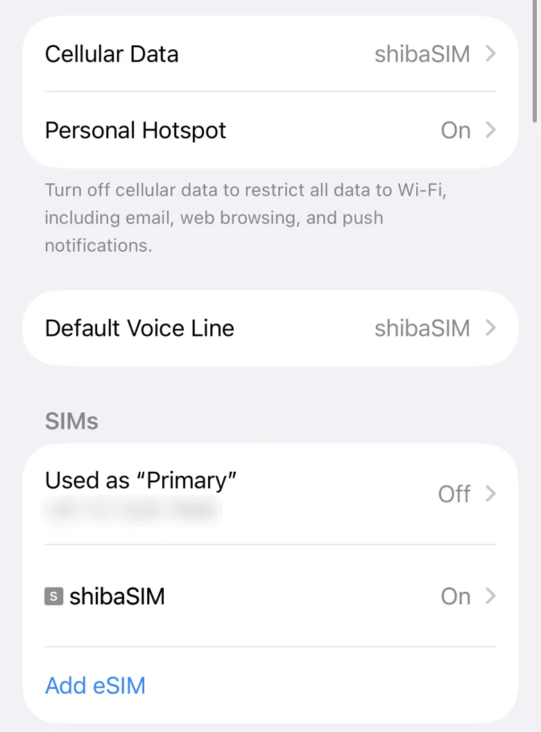 Màn hình iPhone sau khi cài eSIM shibaSIM, eSIM đã bật