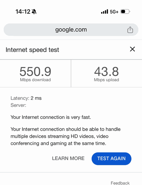 Kết quả đo tốc độ eSIM shibaSIM tại Tokyo: 550.9 Mbps tải xuống trên mạng 5G